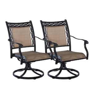 Commonly Used Brown Swivel Cast Aluminum Metal Outdoor Patio Padded Sling Chair Outdoor Dining Chair (2-Pack)