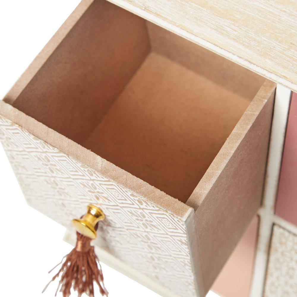 Whitewashed Boho Chic 4-Drawer Wood Jewelry Box with Tassel Knobs