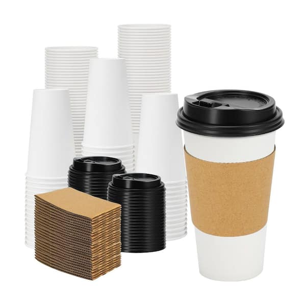 20 in. White Disposable Paper Coffee Cups with Lids and Kraft Sleeves White Family Disposable Tableware 50 Pack