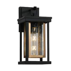13.6 in. Black and Dark Gold 1-Light Outdoor Hardwire Wall Lantern Sconce with Seeded Glass Shade, No Bulb Included