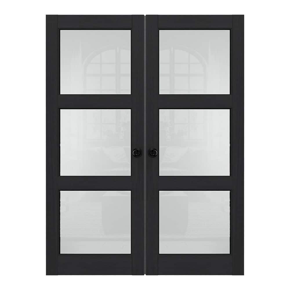 64 in. x 80 in. 3-Lite Black PVC Covering, Frosted Glass, MDF, Interior Door Slab with Black Goal Doorknob price history on PriceWatchPro