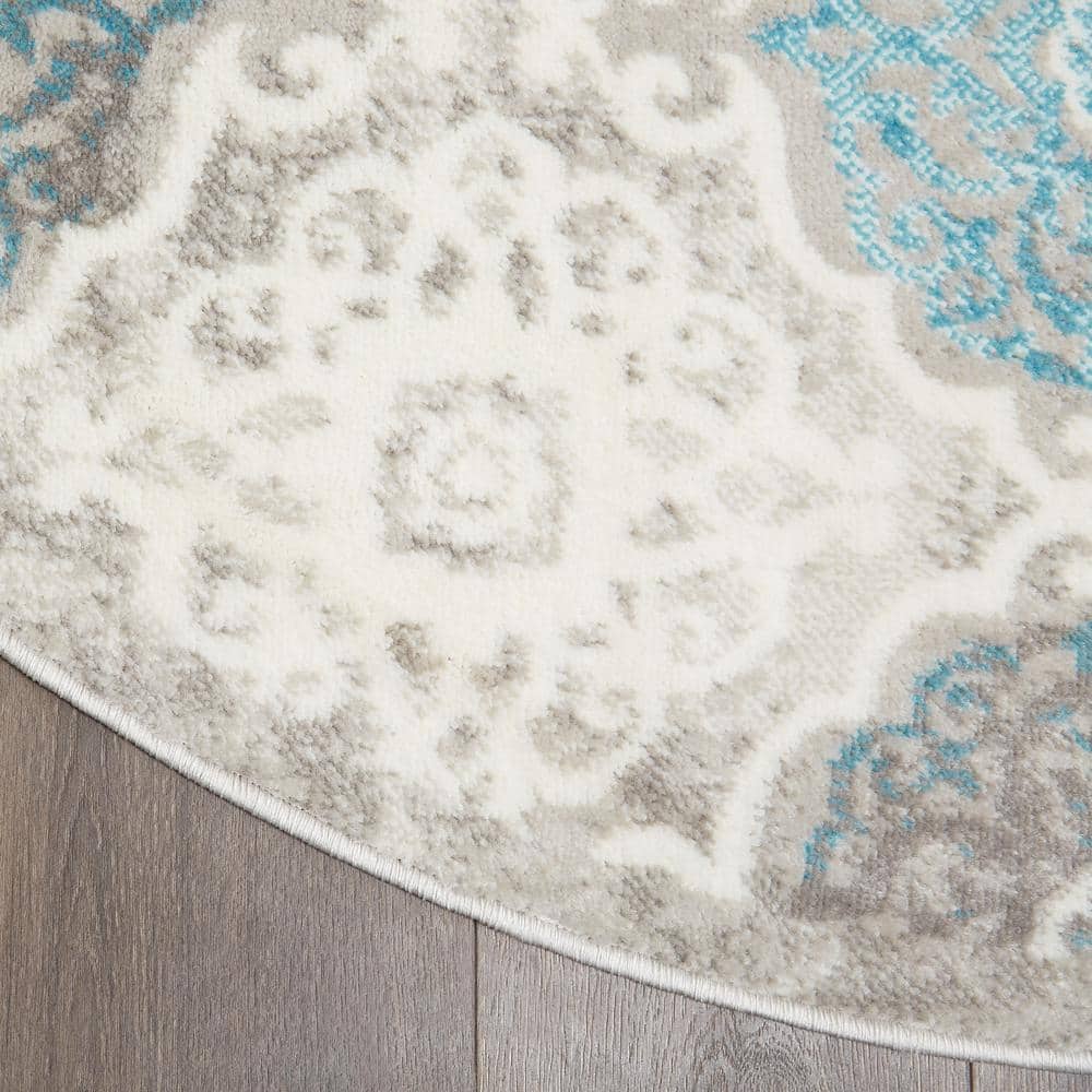 Blue and Gray Round Medallion Washable Area Rug