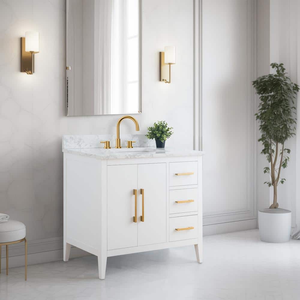 White and Gold 36" Single Bathroom Vanity with Ceramic Sink