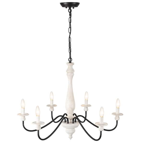 LWYTJO 6-Light Rustic Farmhouse Wood Chandelier 28.34 in. with Black/Antique White French Country Accents, Classic Candle Style
