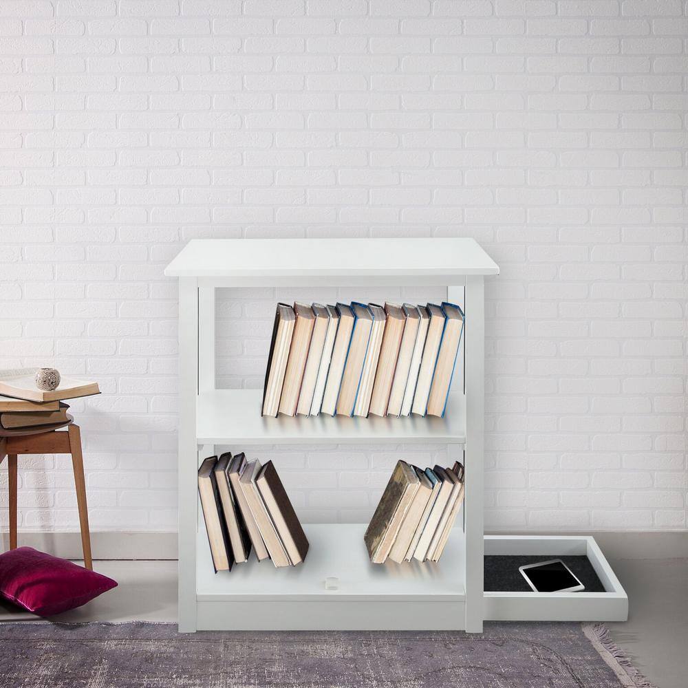 Adams White Solid Pine 3-Shelf Bookcase with Concealed Drawer