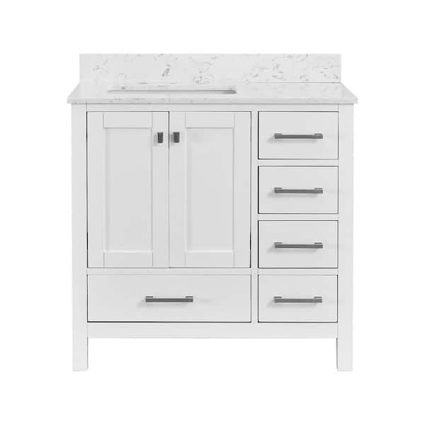 36 in. Solid Wood Freestanding Withe Bath Vanity with Durable Carrara White Engineered Stone Top, Soft Close, Assembled