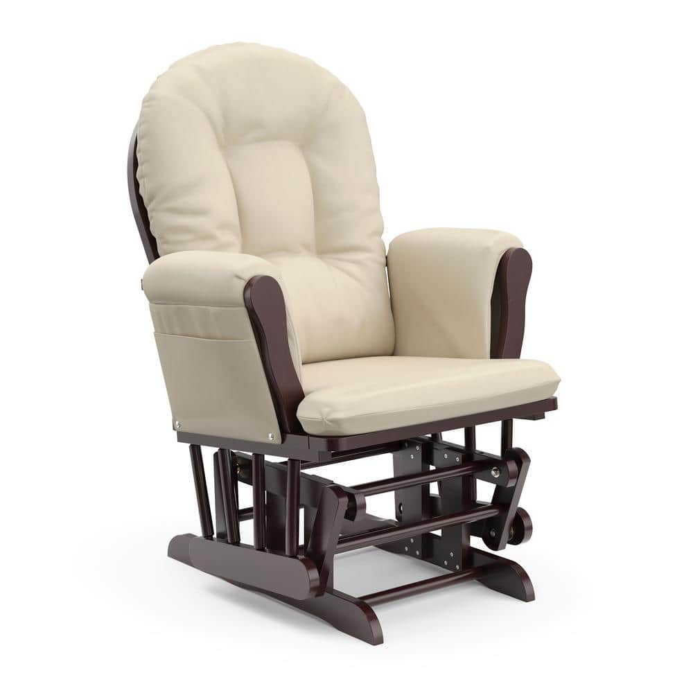 Espresso Wood Glider Chair and Ottoman with Beige Cushions