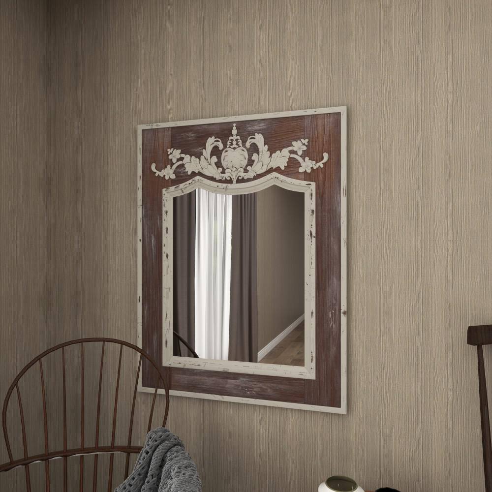 Scalloped 33" x 43" Brown and Cream Rustic Wooden Wall Mirror
