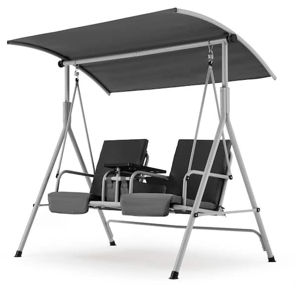 HOMMOW 2-Person Outdoor Metal Patio Swing with Optional Canopy, Porch Swing with Stand, Pivot Storage Table, Cup Holders, Black