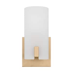 Rhode 4.875 in. 1-Light Satin Brass Small Vanity Light with Etched Glass Shade