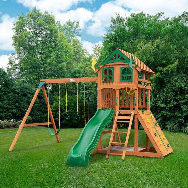 Gorilla Playsets DIY Outing III Wooden Outdoor Playset with Wood Roof, Wave Slide, Rock Wall, Sandbox, and Swing Set Accessories