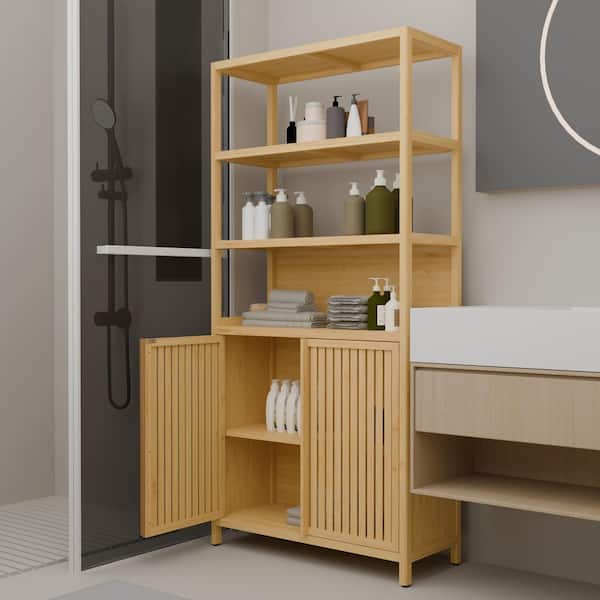 31 in. W x 13 in. D x 64.77 in. H Natural-Yellow Bamboo Freestanding Linen Cabinet with Concealed Hinges