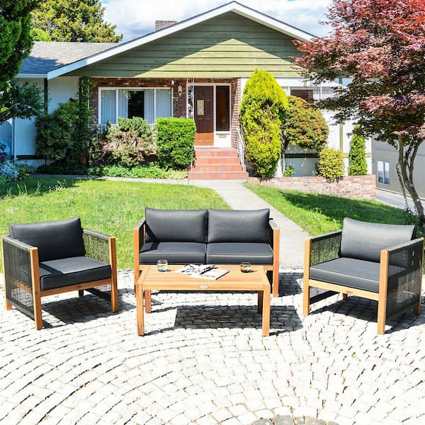 SUNRINX 4 Pcs Acacia Wood Outdoor Patio Furniture Set with Cushions-Gray