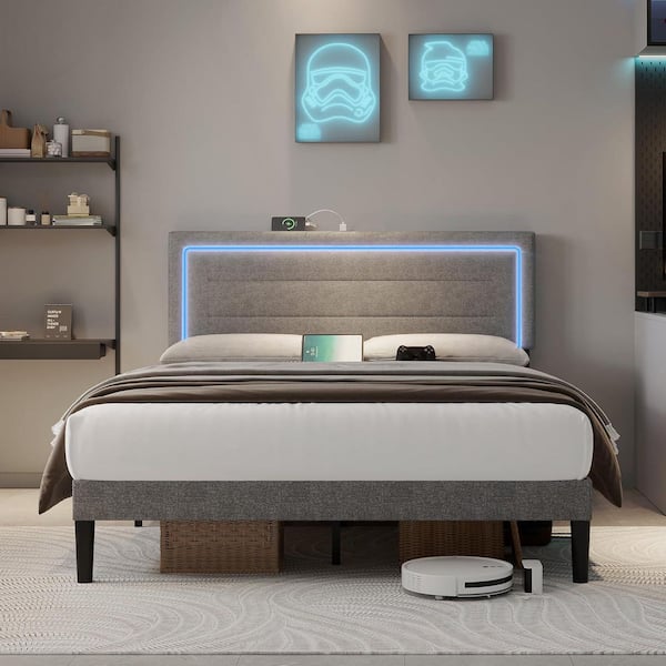 Gray Metal Frame Queen Platform Bed with LED Lights, Charging Station, No Box Spring Needed, Noise Free, Easy Assembly