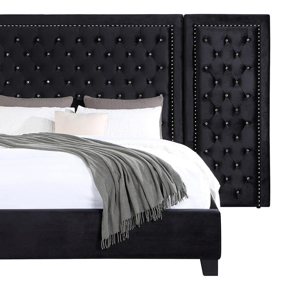 Damazy 86" King Black Velvet Upholstered Bed with Nailhead Trim