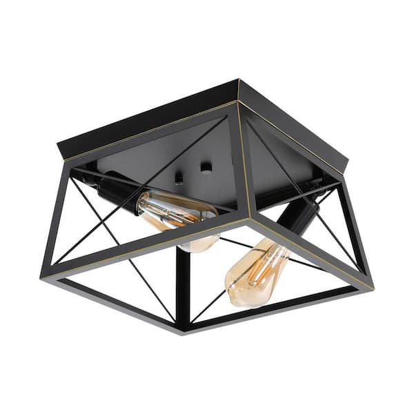 OUKANING 11.81 in. 2-Light Black Industrial Semi-Flush Mount Ceiling Light for Dining Rooms Kitchens with No Bulbs Included