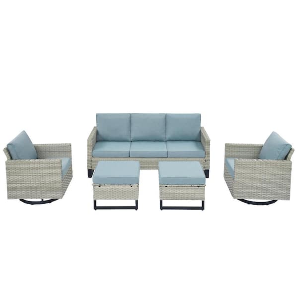 5-Piece White Wicker Patio Conversation Swivel Outdoor Rocking Chair Set Sectional Sofa with Baby Blue Cushions