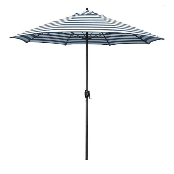 California Umbrella 9 ft. Black Aluminum Market Patio Umbrella with Fiberglass Ribs and Auto Tilt in Navy White Cabana Olefin
