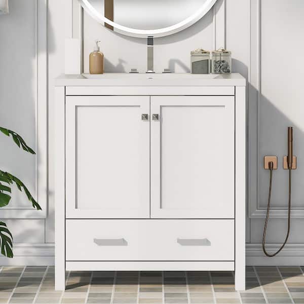 Zeus & Ruta 30 in. W x 18 in. D x 34 in. H Freestanding Bath Vanity in White with White Resin Single Sink with 2 Doors and a Drawer
