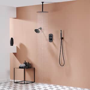 Pressure Balanced 3-Spray Patterns 12 in. Ceiling Mounted Rainfall Dual Shower Heads with Handheld in Matte Black