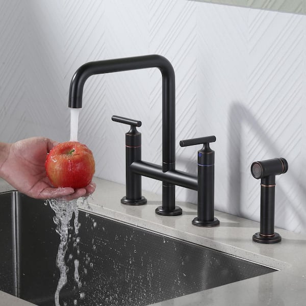 Double Handle Brass Bridge Kitchen Faucet, Deck Mount Kitchen Sink Faucet with Side Sprayer in Oil Rubbed Bronze