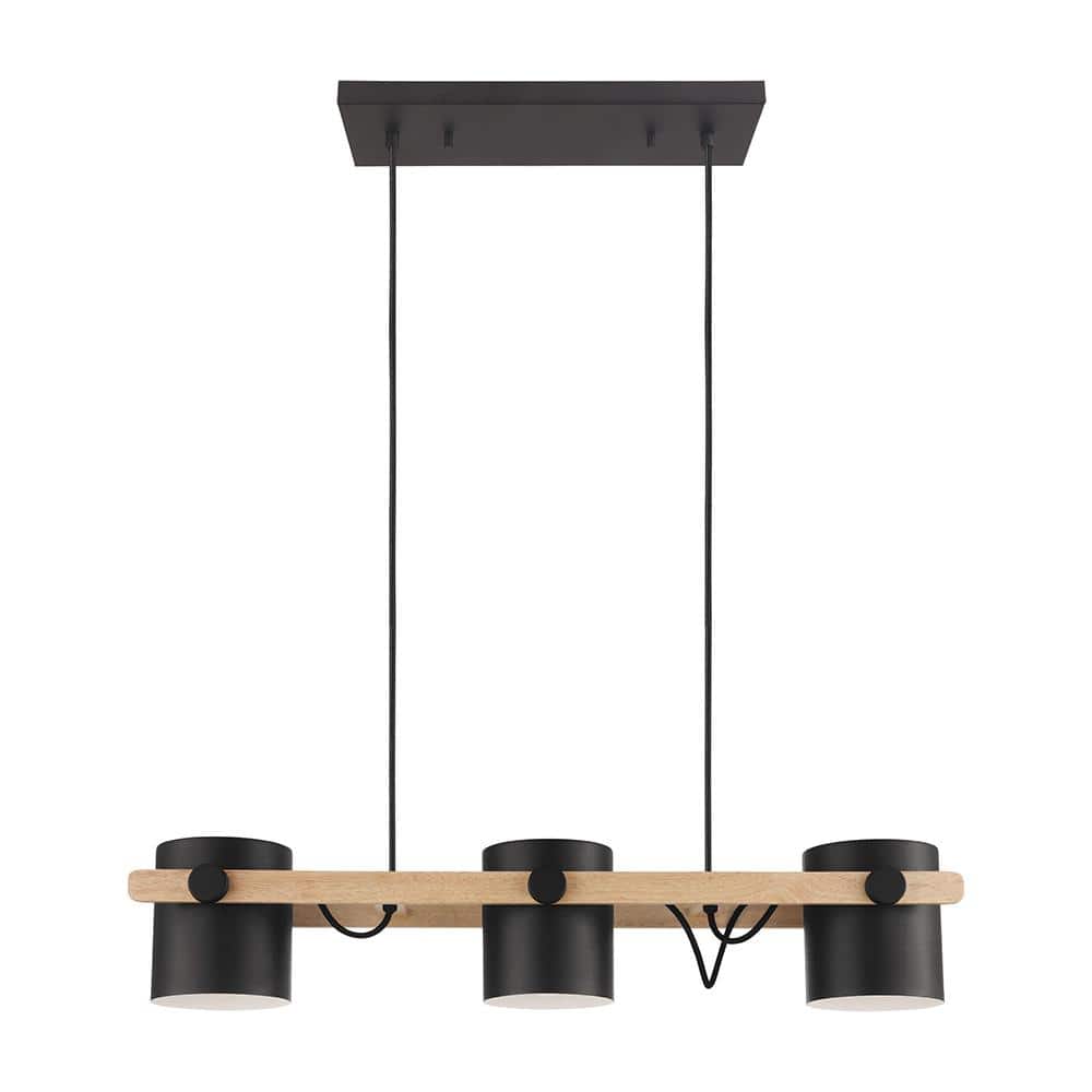 H 3-Light Black/White in. The Black/Wood Eglo Hornwood 33.07 Depot Pendant with Home Light Metal Linear 43045A Shades in. W - x 8