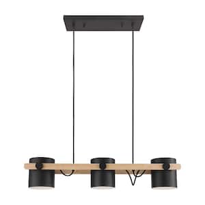 Hornwood 33.07 in. W x 8 in. H 3-Light Black/Wood Linear Pendant Light with Black/White Metal Shades
