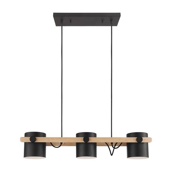 Eglo Hornwood 33.07 in. W x 8 in. H 3-Light Black/Wood Linear Pendant Light with Black/White Metal Shades