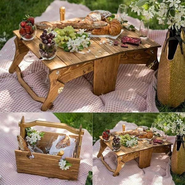 23.6 in. Wood Rectangle Wood Picnic Tables Table Only Without Umbrella Hole and Wine Glass Holder Convertible