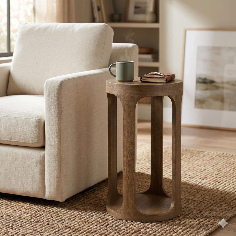 Heather 12 in. W Grey Wash Round Solid Mango Wood End Table with Open Storage