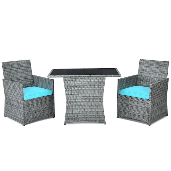 Costway 3-Piece Patio Wicker Patio Conversation Set with Blue Cushions Sofa Armrest Garden