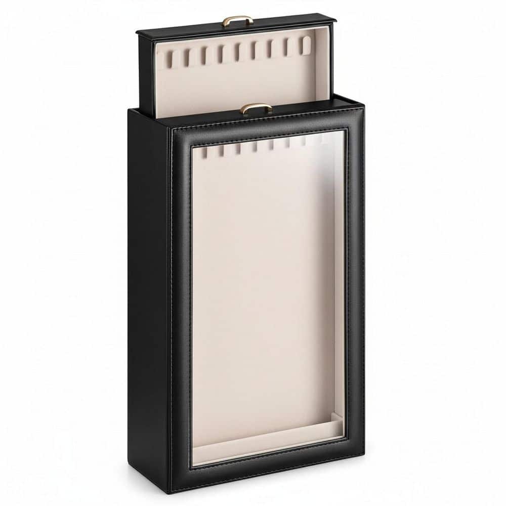 Necklace Organizer Box 2 Layer Black Faux Leather 20 Hooks Jewelry