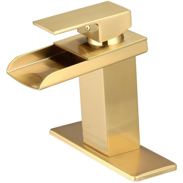 Unbranded Single-Handle Single-Hole Modern Brass Waterfall Bathroom Sink Faucet with Deck plate Included in Brushed Gold