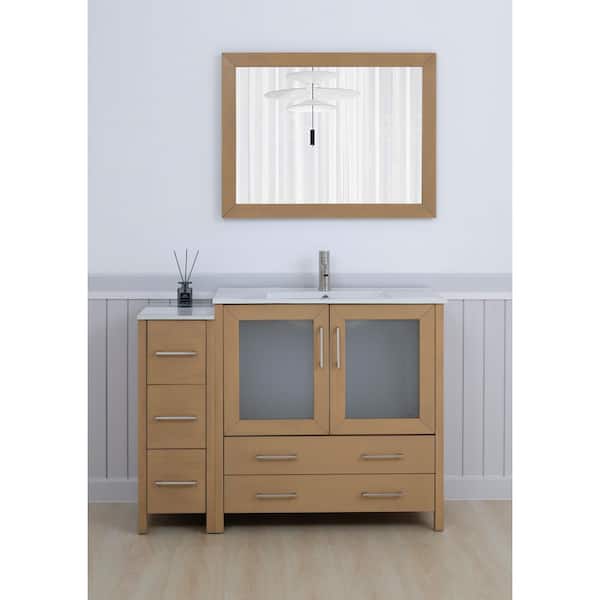 48 in. W x 18 in. D x 36 in. H Natural Oak Bath Vanity with White Ceramic Top and Mirror
