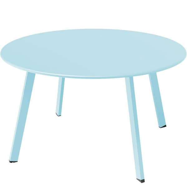 27.5 in. Round Steel Patio Coffee Table, Weather Resistant Large Outdoor Side Table, Light Blue