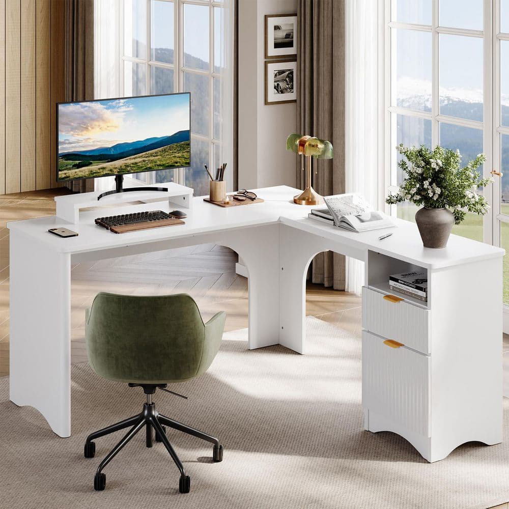 55 in. White L-Shaped Home Office Desk with Monitor Stand, File Drawer, Open Cubby Storage and Fluted Design