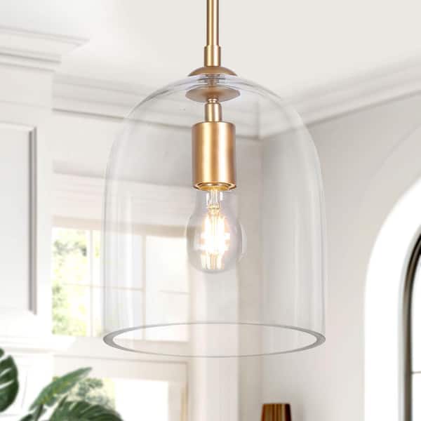 LNC Modern 1-Light Stain Gold Kitchen Island Pendant Light with Bell Clear Glass Shade, Foyer Hanging Light, LED Compatible