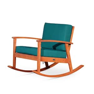 Natural Oil Eucalyptus Wood Outdoor Rocking Chair, All Weather Chair for relaxing with Dark Green Cushions