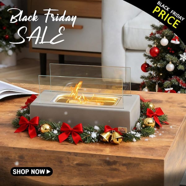 SUNRINX 13 in. W Direct Vent Portable Concrete Tabletop Ethanol Fireplace with Lid in Light Gray