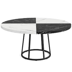 Roesler White and Black Faux Marble Top 47 in. Metal Circle Pedestal Modern Dining Table Kitchen Table for 4