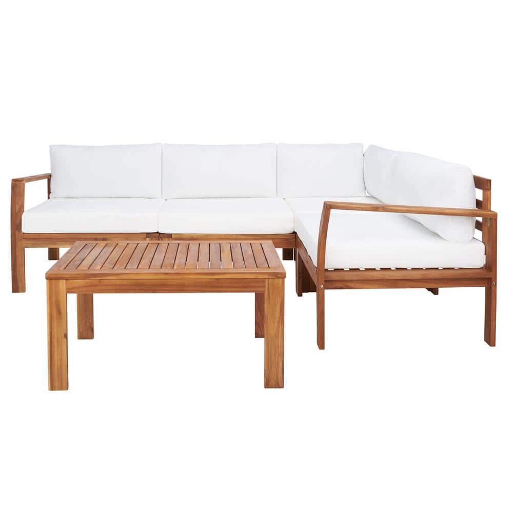4-Person Natural Wood Outdoor Living Set with Beige Cushions