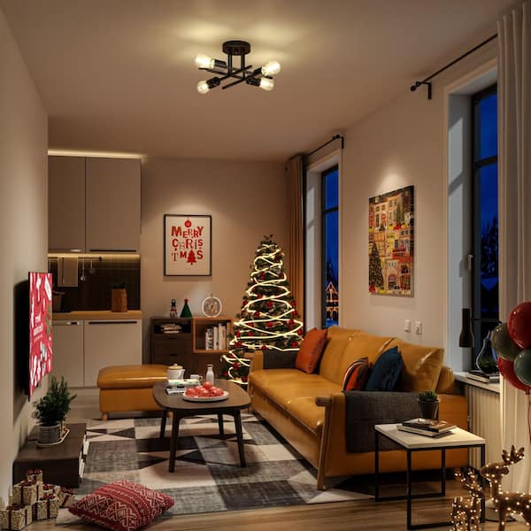 16 In. Black Farmhouse Semi-Flush Mount Ceiling Light Fixtures Modern Sputnik Chandelier for Kitchen Bedroom Dining Room