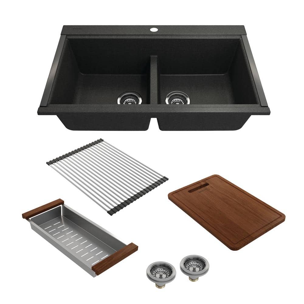 BOCCHI Baveno Lux Metallic Black Granite Composite 33 in. Double Bowl  Undermount Kitchen Sink w/Integrated Workstation and Acc 1618-505-0126  The Home Depot