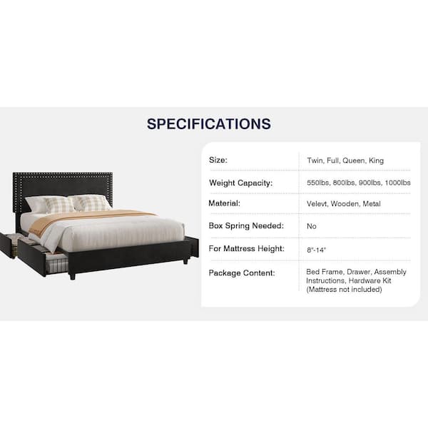 3-Piece Black Metal King Bedroom Set with Platform Bed and 2 Nightstands