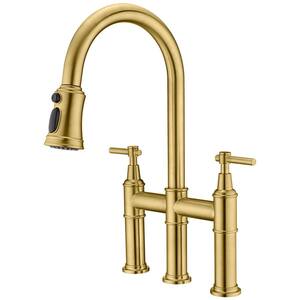 Double-Handle Pull Down Sprayer Kitchen Faucet with 3 Modes Spray, Pull Out Spray Wand in Brushed Gold