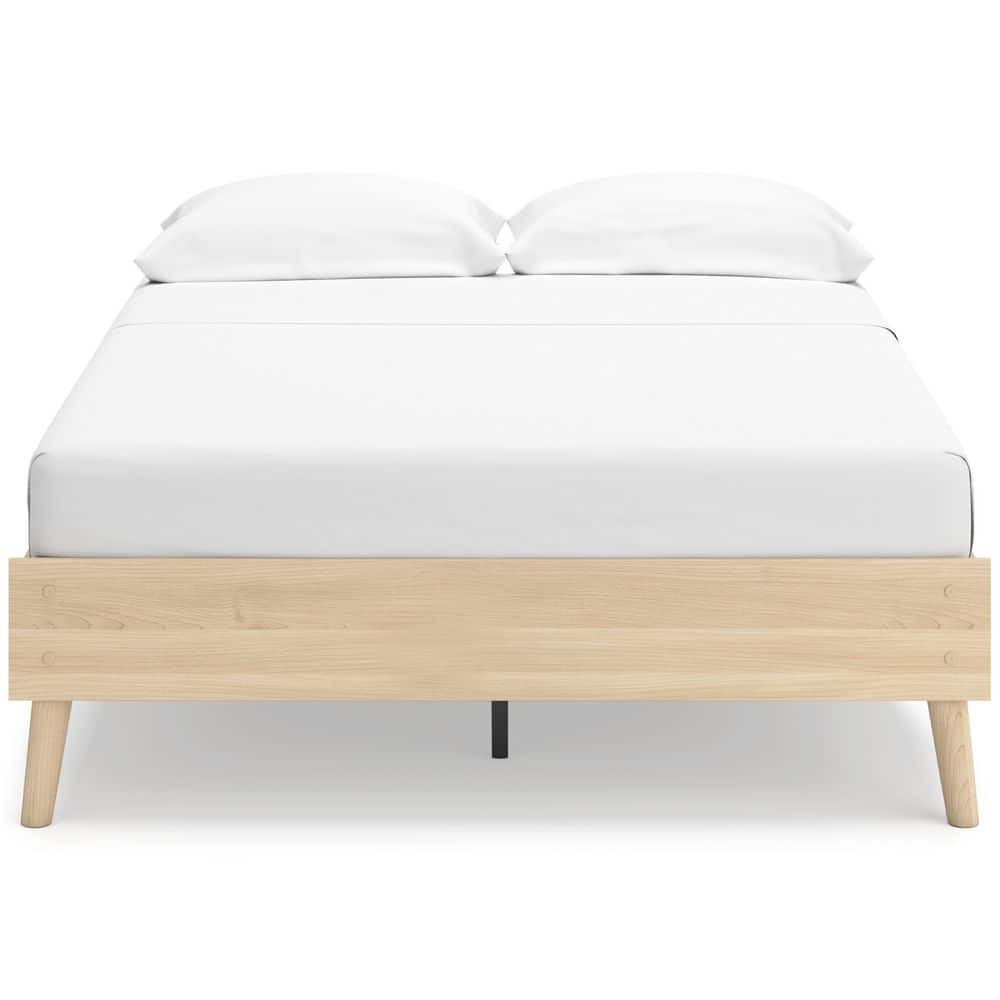 Light Brown Full Platform Bed with Wood Frame and Storage