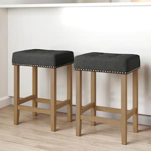 Hylie 24 in. Gray Nailhead Saddle Cushion Light Brown Wood Counter Height Bar Stool, Set of 2
