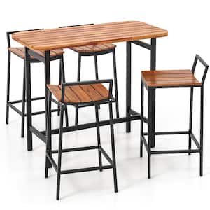 Patio Table and Chair Set 5-Piece Acacia Wood Outdoor Dining Set w/1 Table and 4 Bar Height Chairs