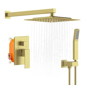 1-Spray 12 in. Square Rainfall Shower Head and Handheld Shower Head in Brushed Gold
