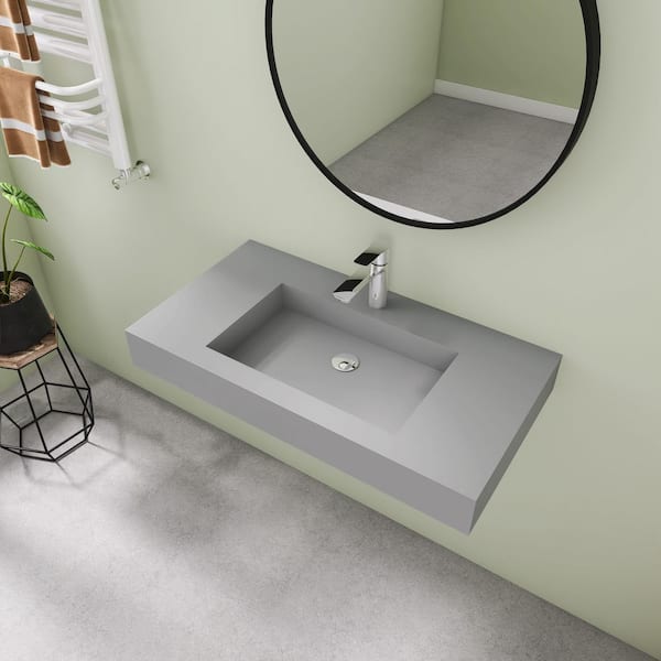 35 in. x 19 in. Wall Mount Rectangle Vessel Sink with Faucet Hole, Solid Surface Bathroom Vessel Sink in Light Gray